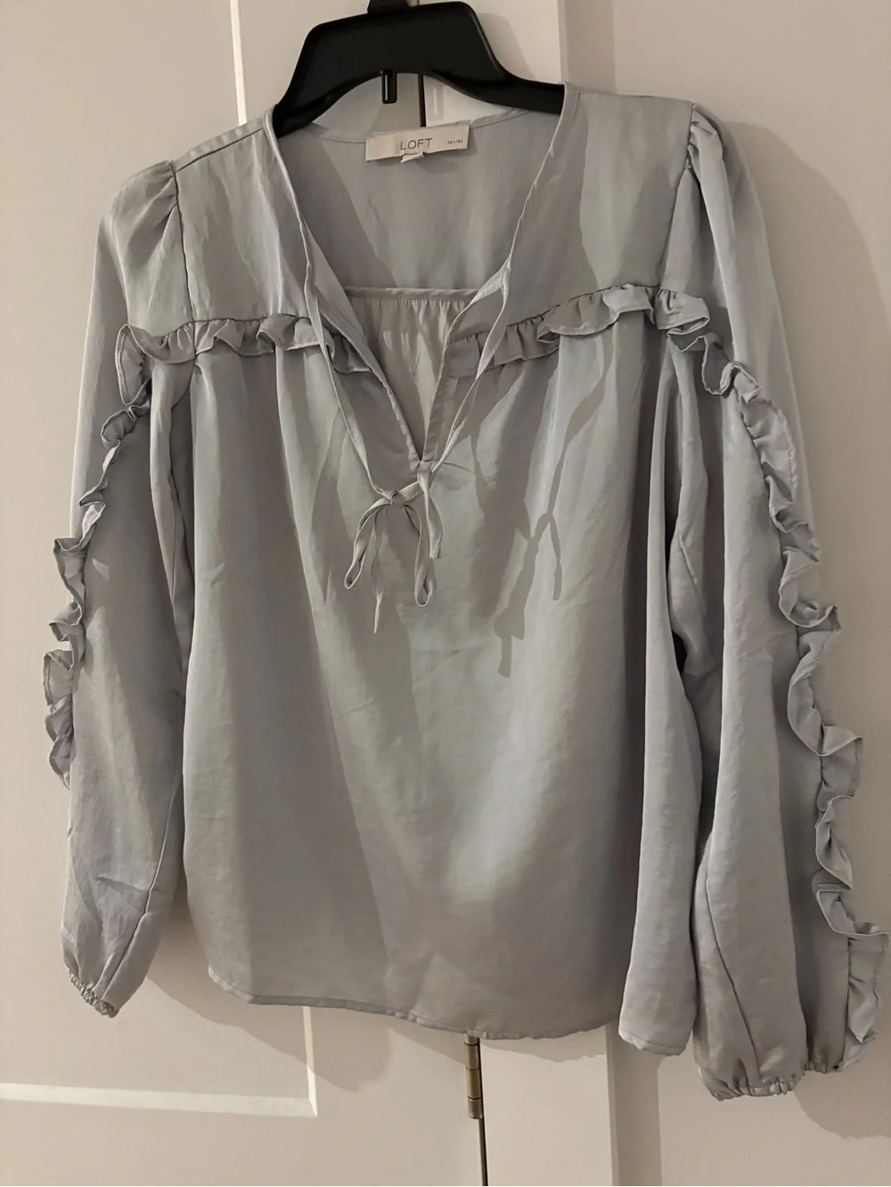 LOFT Silver Ruffle Tie-Front Blouse